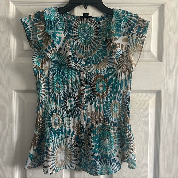 East 5th Teal & Brown Accordian Pleated Button Down Top w/ Capped Sleeves, Small - Picture 1 of 6